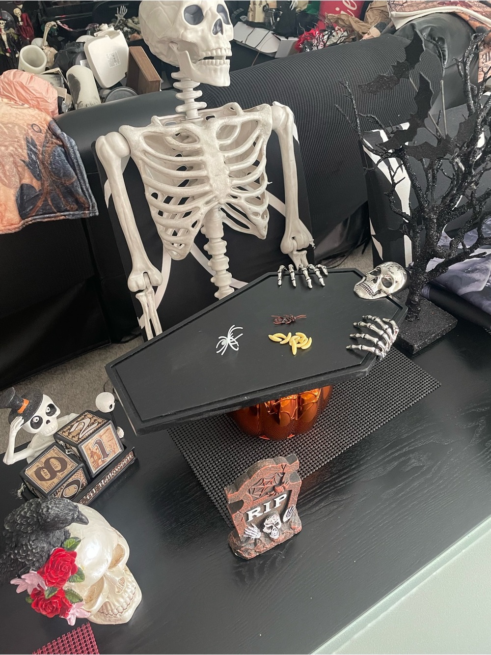 Celebrate It Black Cheese Board Coffin Display Tray with Skeleton Accent